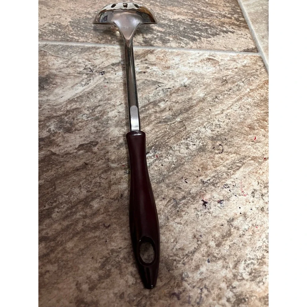 Stainless Steel Slotted Spoon with Pot Rest Clip Brown Handle 10.5 Inch